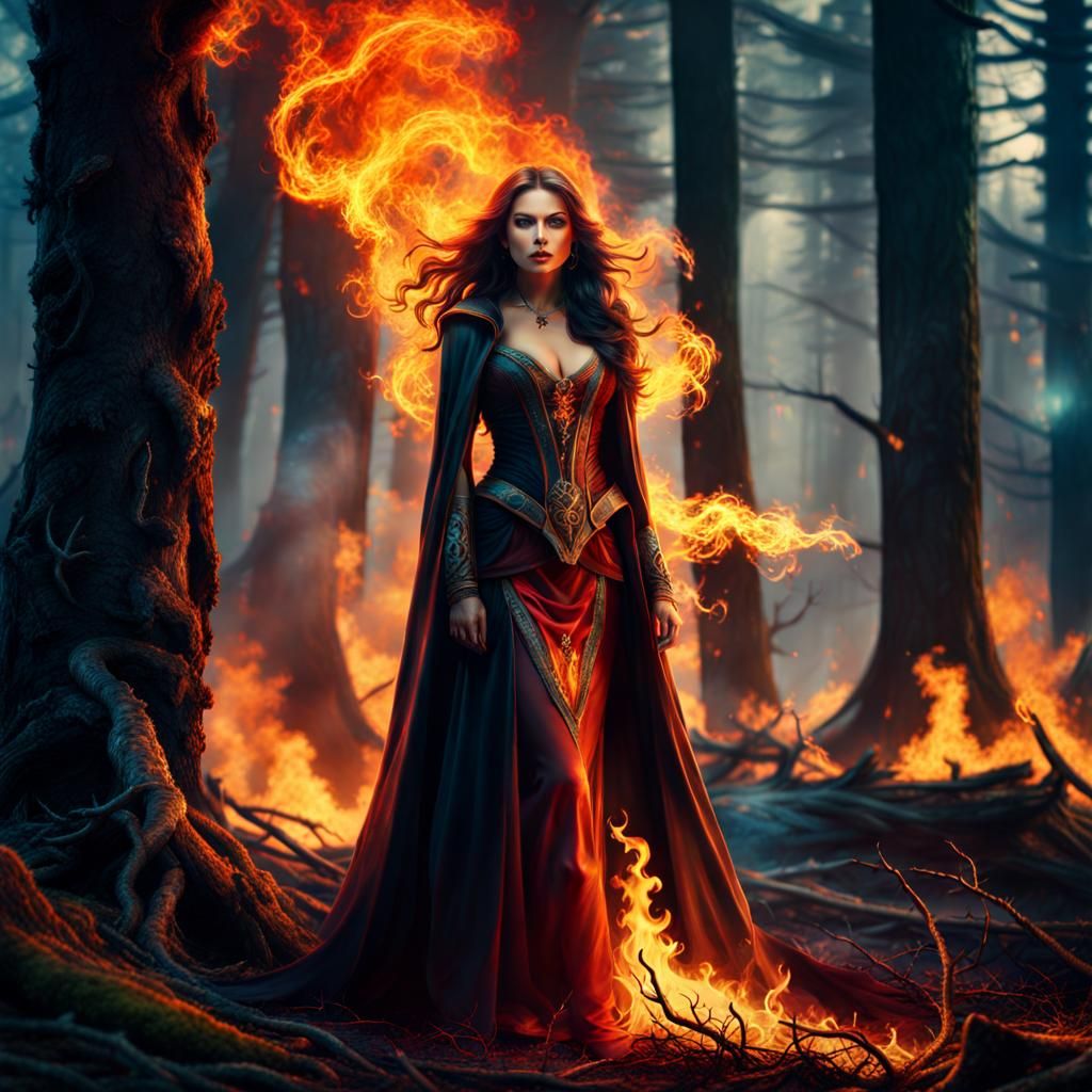 Mystic Sorceress in Burning Forest: Digital Matte Painting