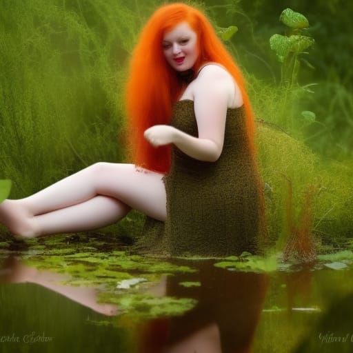 Redhead Witch Dancing in Swamp Under Full Moon