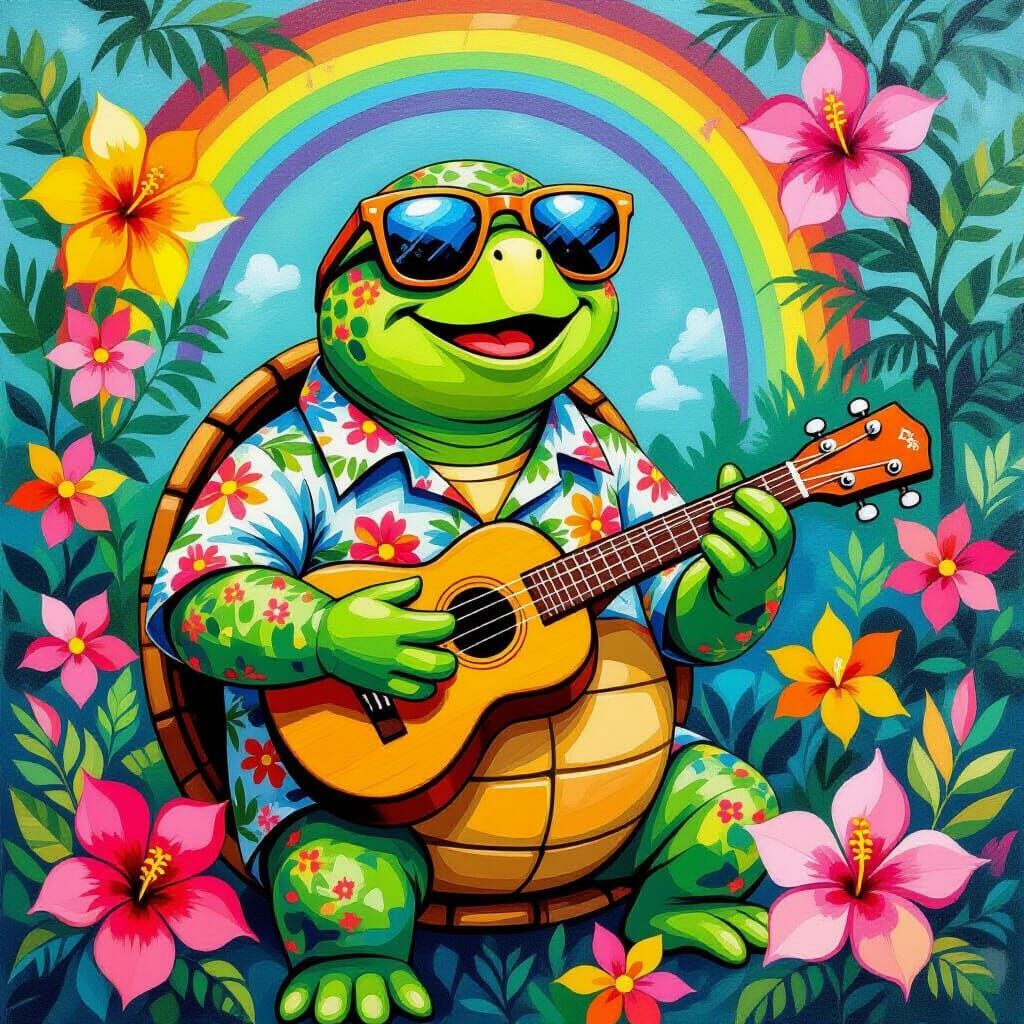 Happy Turtle's Ukulele Serenade in Naive Art Style