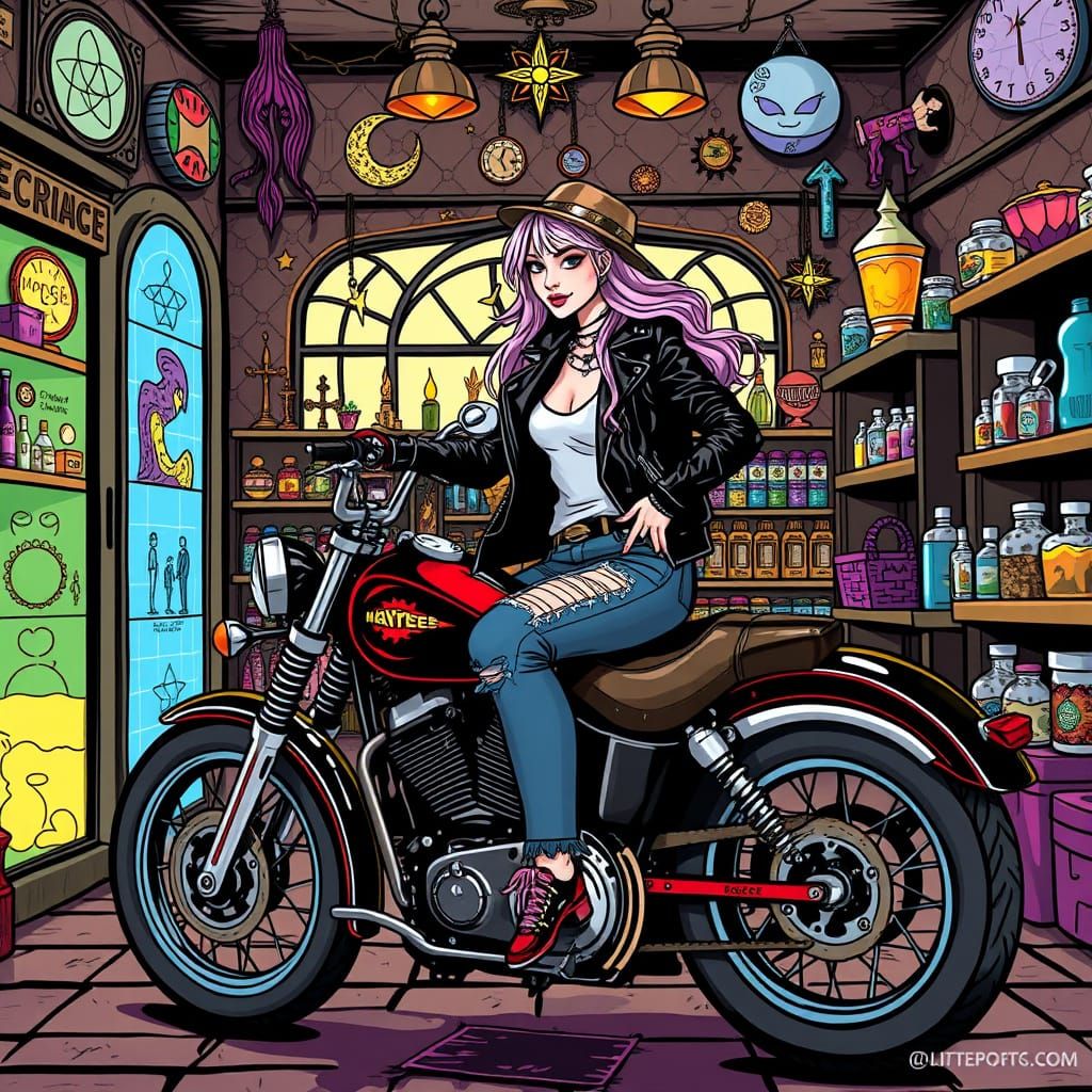 Woman on Harley in Metaphysical Shop: Eclectic Art