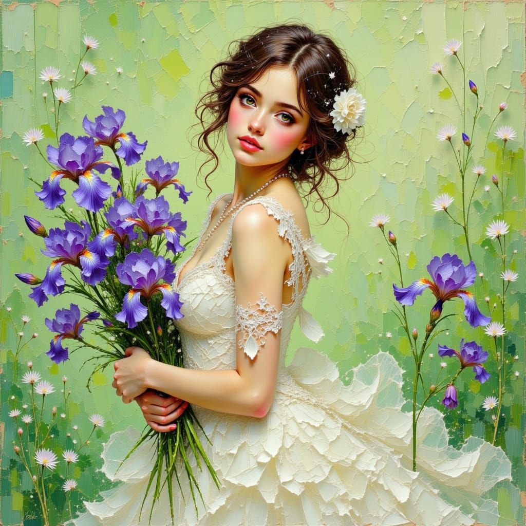 Woman with Irises: An Impressionist Art Nouveau Painting