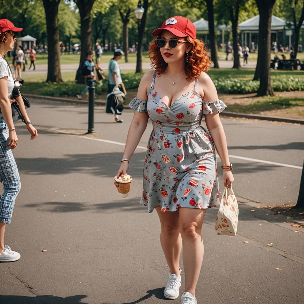 Redhead Girl with Ice Cream in Summer Dress