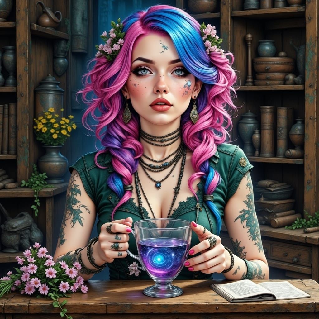 Cosmic Goddess Sips Tea in a Celestial Teacup