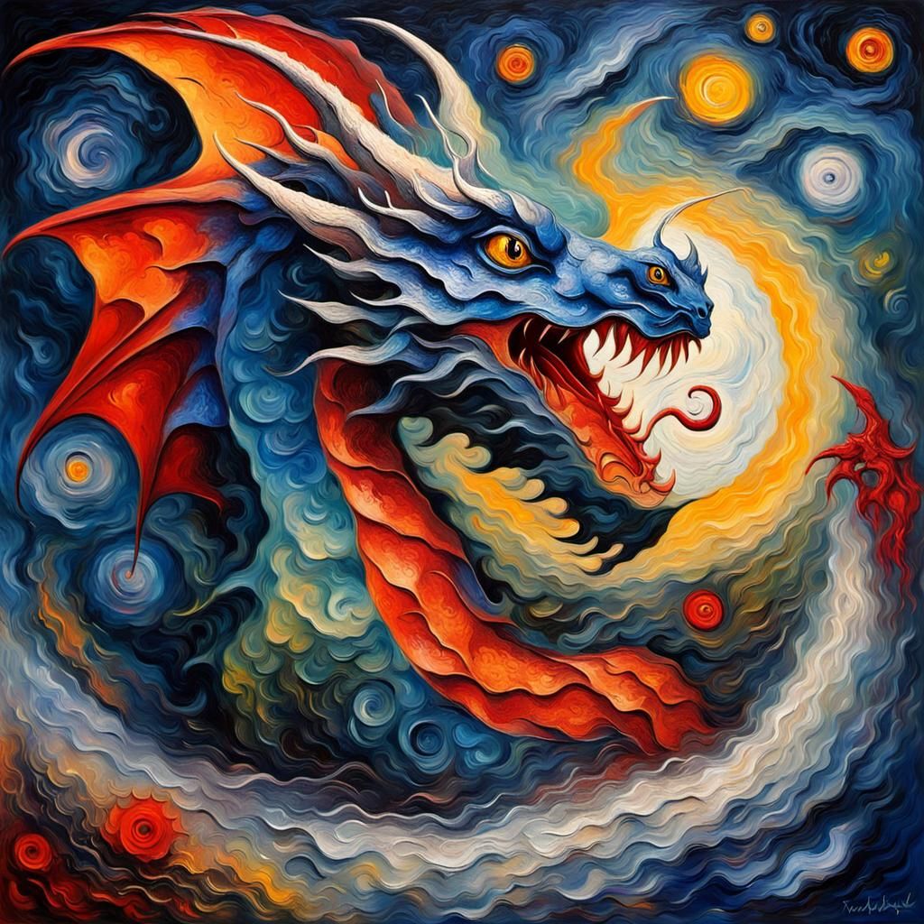 Dragon in Windstorm: Vivid Impasto Oil Painting
