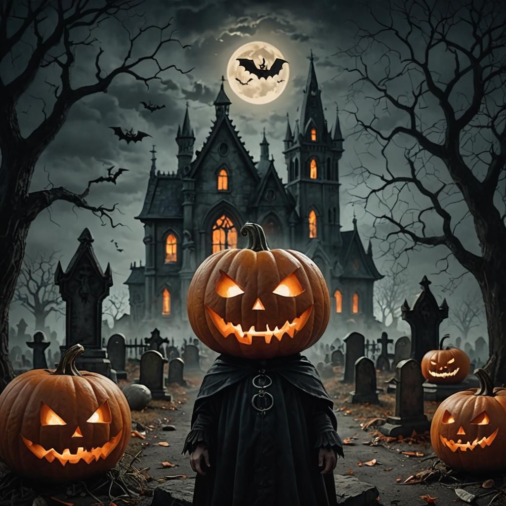Halloween Pumpkin Photobomb in Dark Surrealism Style