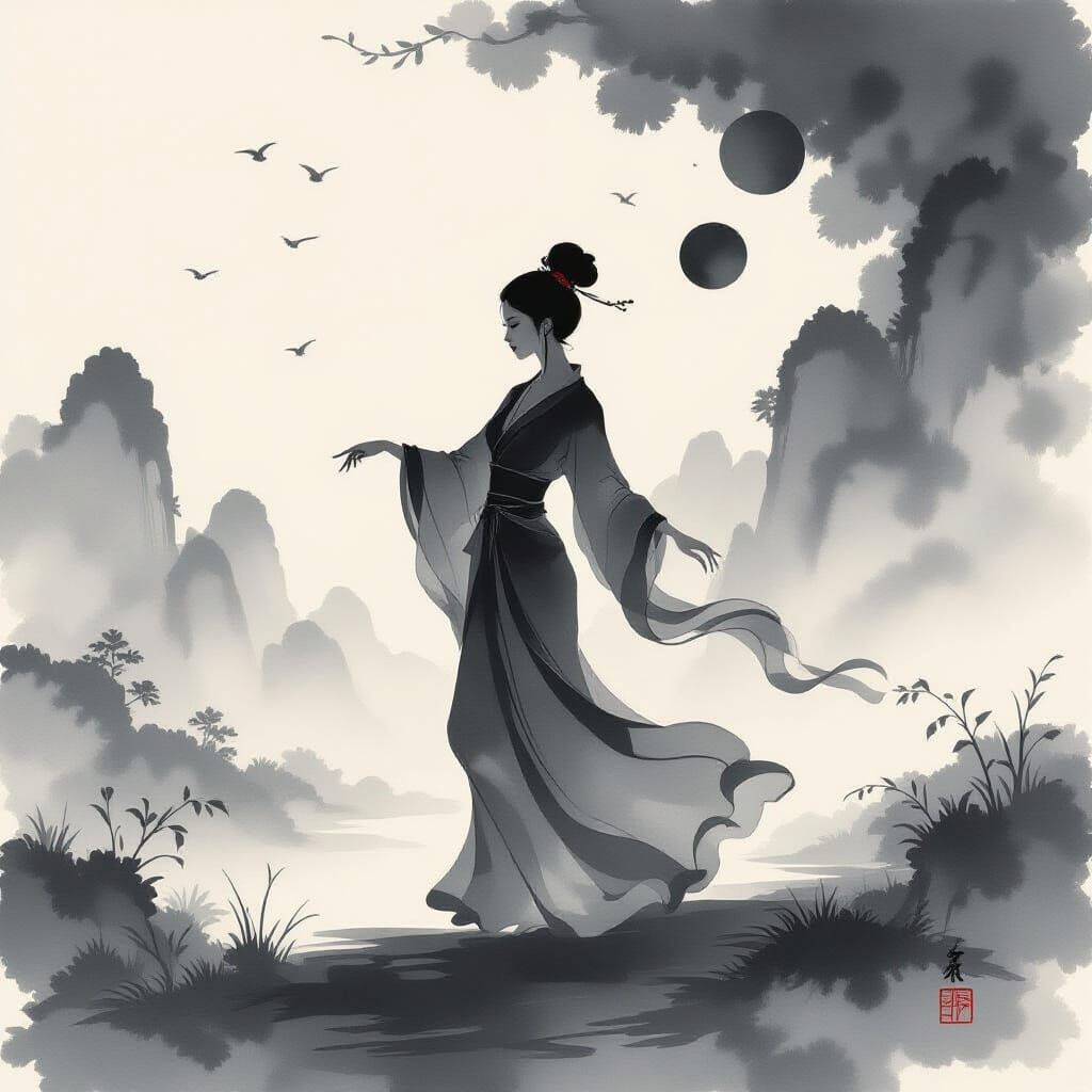 Dancing Silhouette in Chinese Watercolor Style