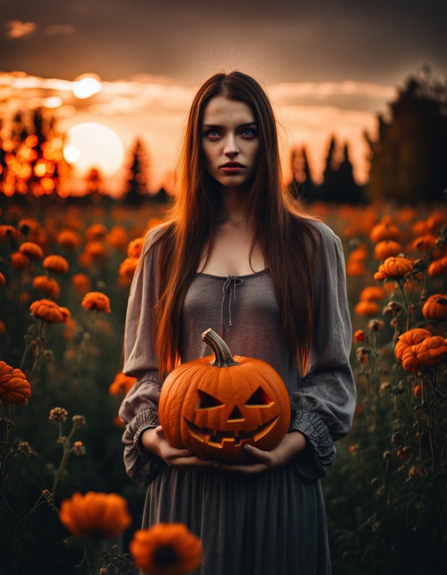 Halloween Sunset: Woman in a Haunted Flower Field