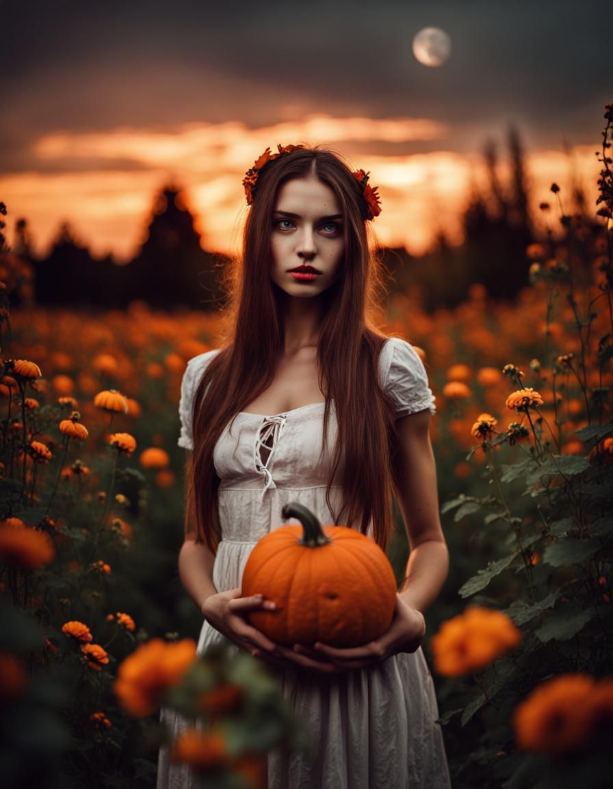 Halloween Sunset: Woman in a Haunted Pumpkin Field