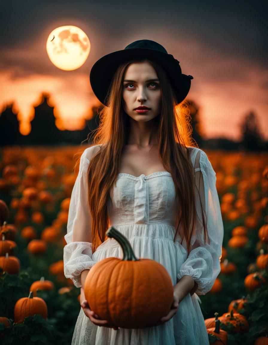 Halloween Photo: Girl, Pumpkin, Haunted House, Full Moon