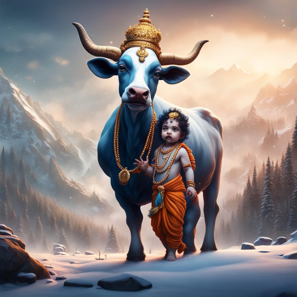 Baby Krishna and Cow in Snowy Mountains