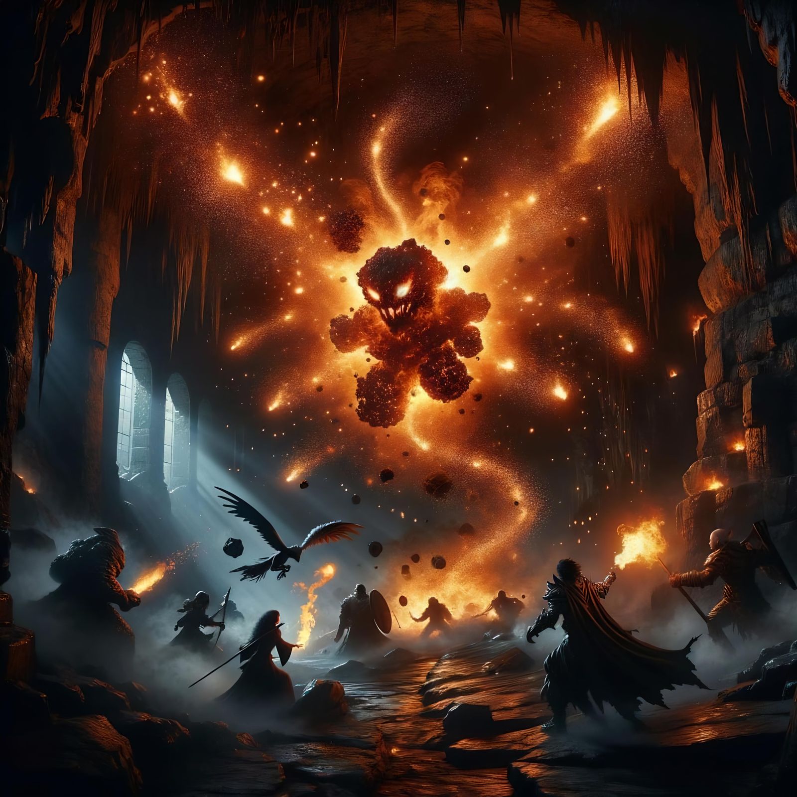 Cavern Cinder Swarm Confrontation in Dark Fantasy Style
