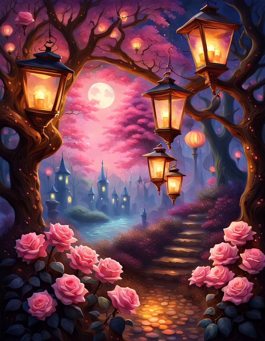 Night scene with pink roses and lanterns