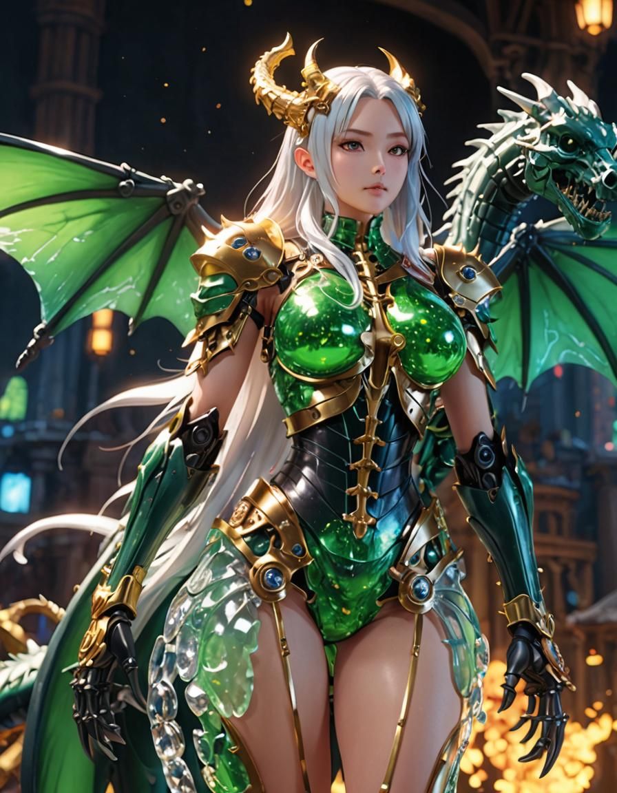 Cyborg Dragon Girl with Slime Body and Metal Skeleton