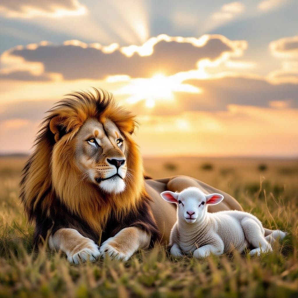 Lion and Lamb in Peaceful Savanna Sunlight