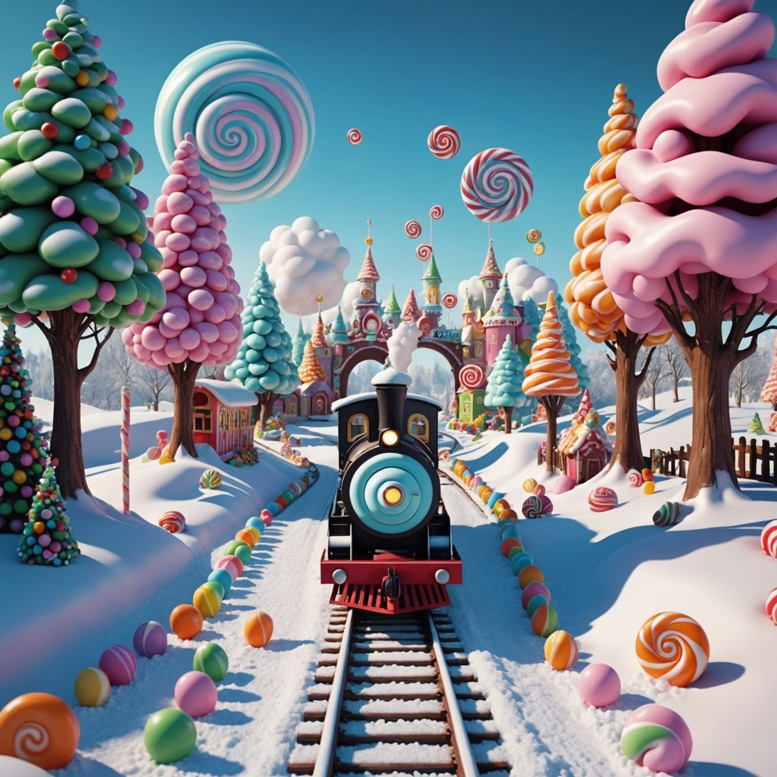 Candy Land Dreamscape with Magical Train in 3D