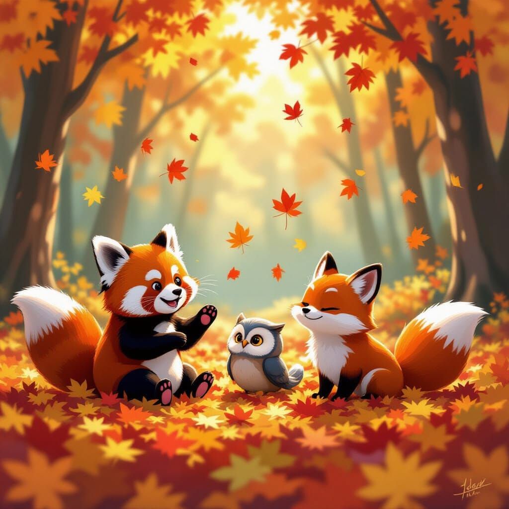 Adorable Animals Play in Vibrant Autumn Leaves