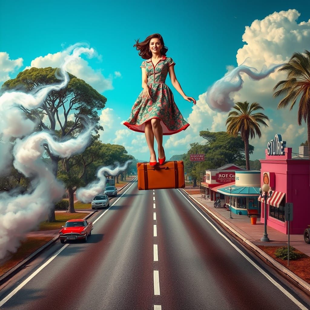 Surreal American Highway Dreamscape in Wes Anderson Style