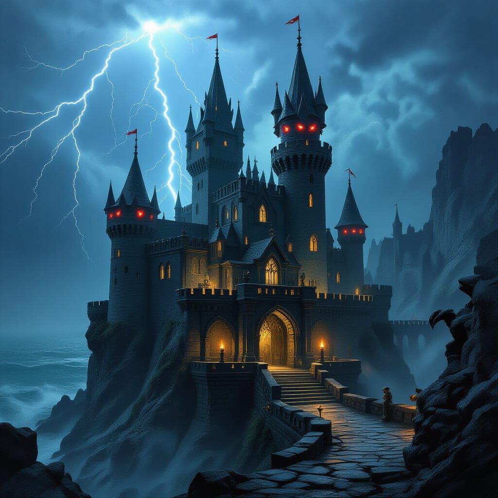 Gothic Castle on Stormy Cliff with Glowing Gargoyles