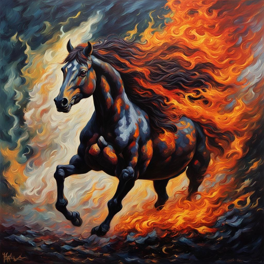 Fiery Horse: Neo-Impressionist Oil Painting
