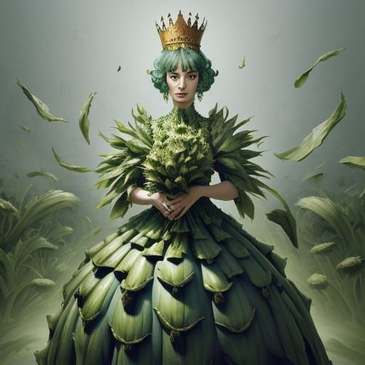 Surreal Woman in Artichoke Dress with Dalí Influence