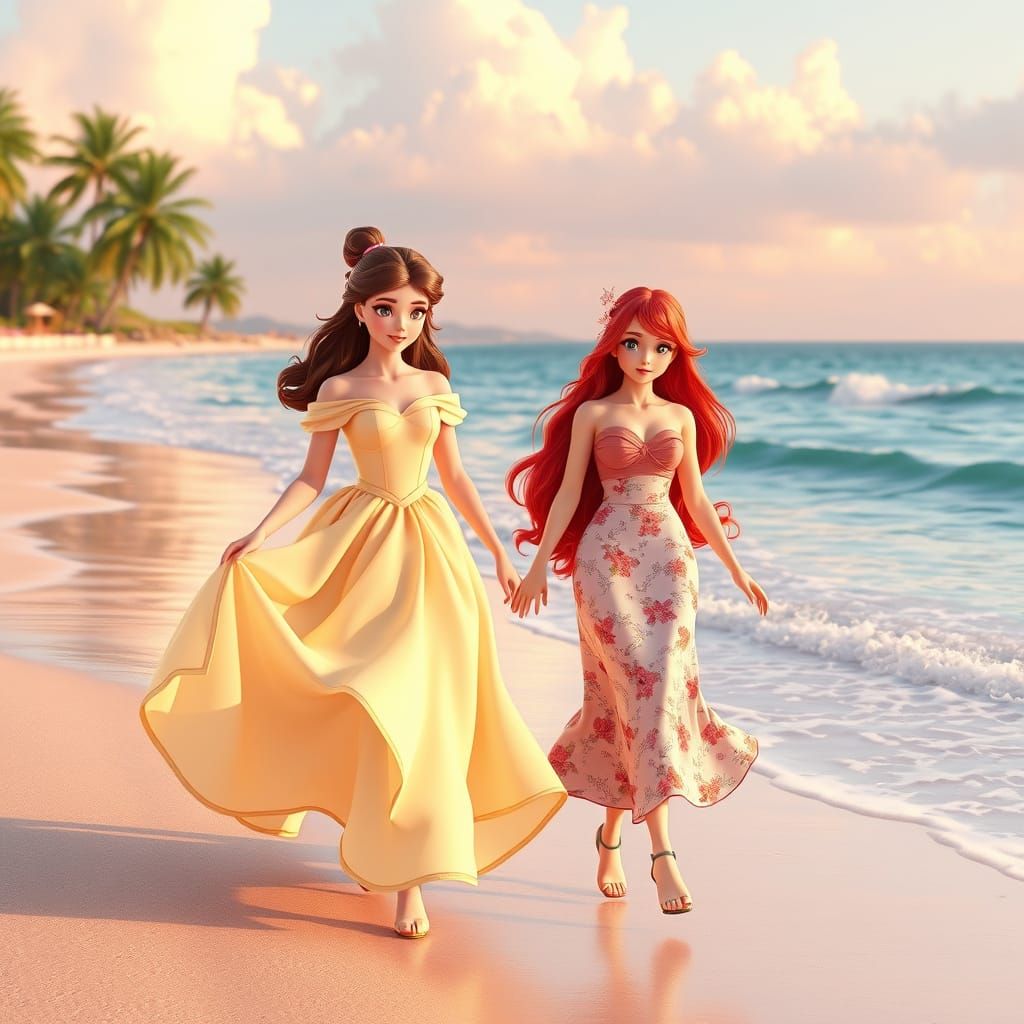 Belle and Ariel on a Beach in 3D Anime Style