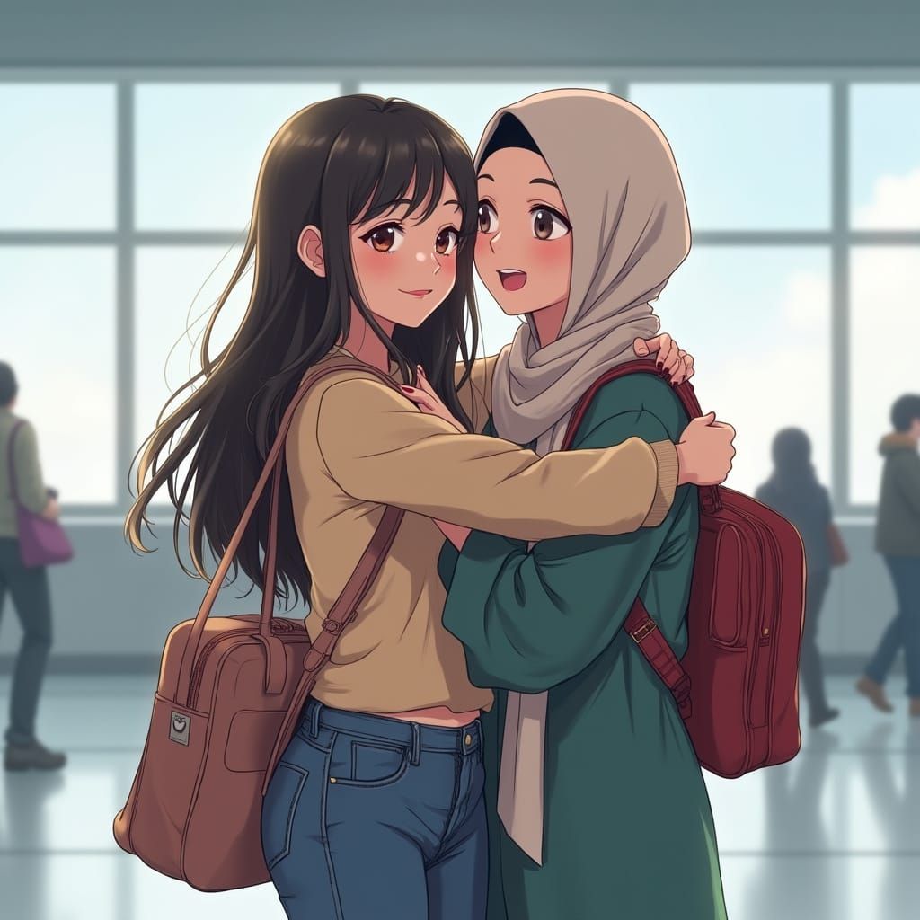 Airport Reunion: Women Embrace in Anime Style
