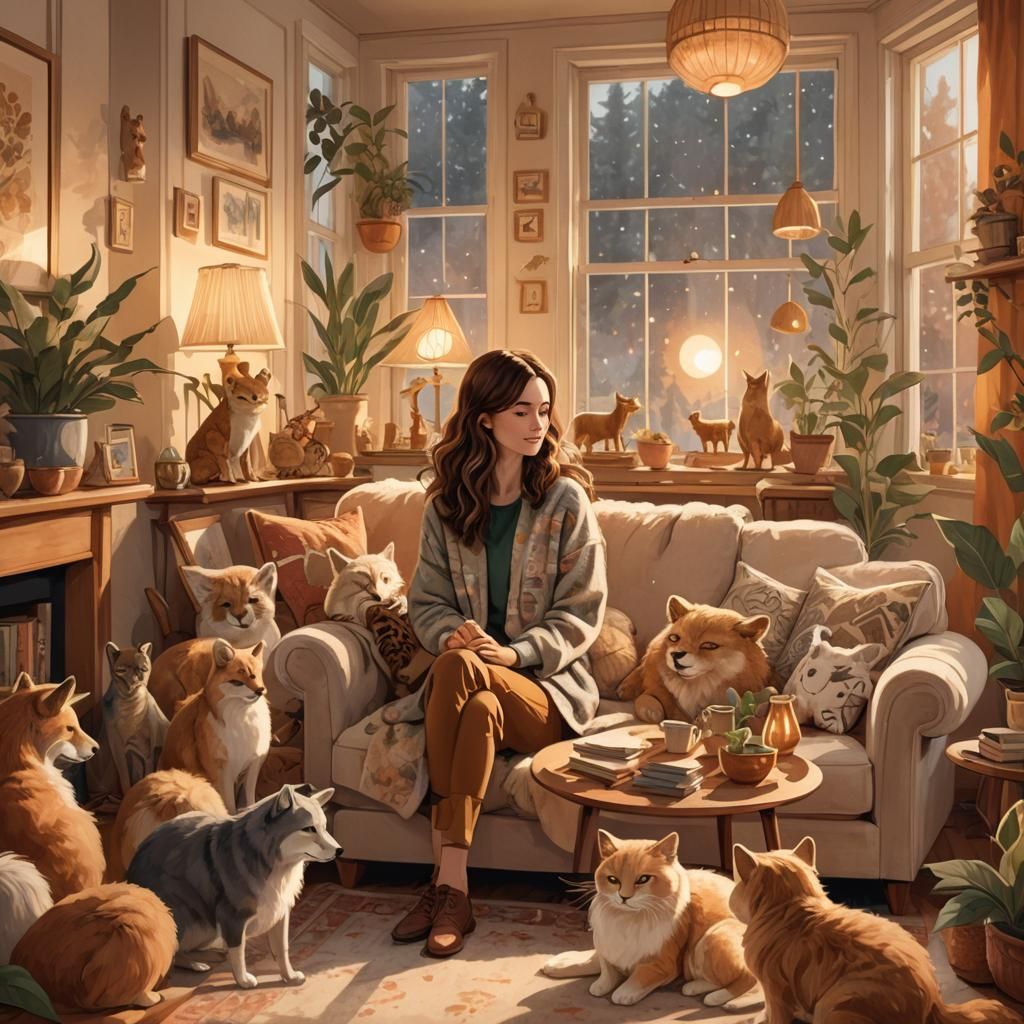 Cozy Living Room with Woman Surrounded by Animals
