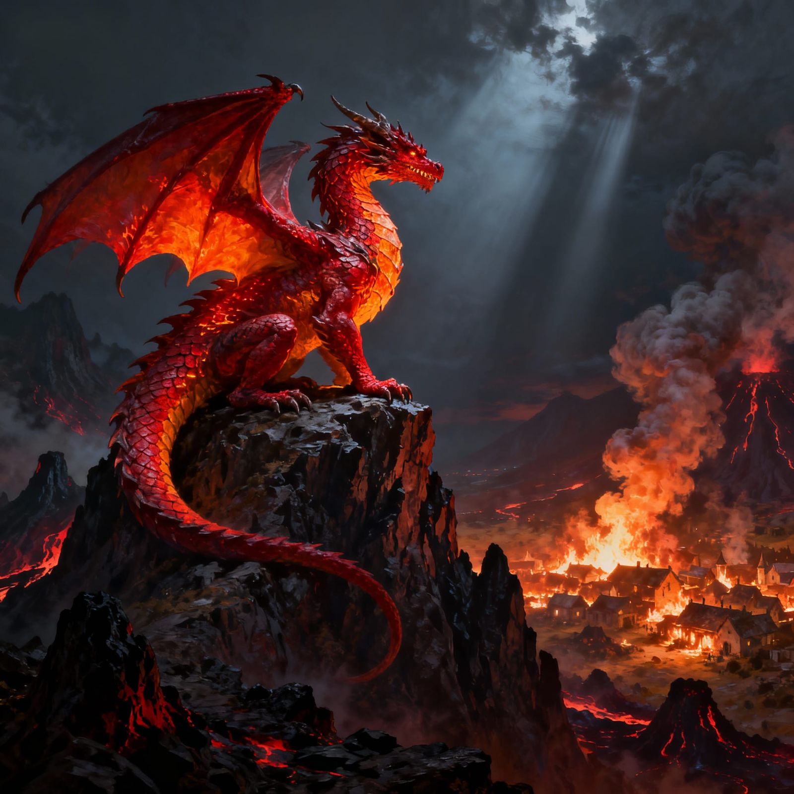 Fearsome Dragon Over Burning Village