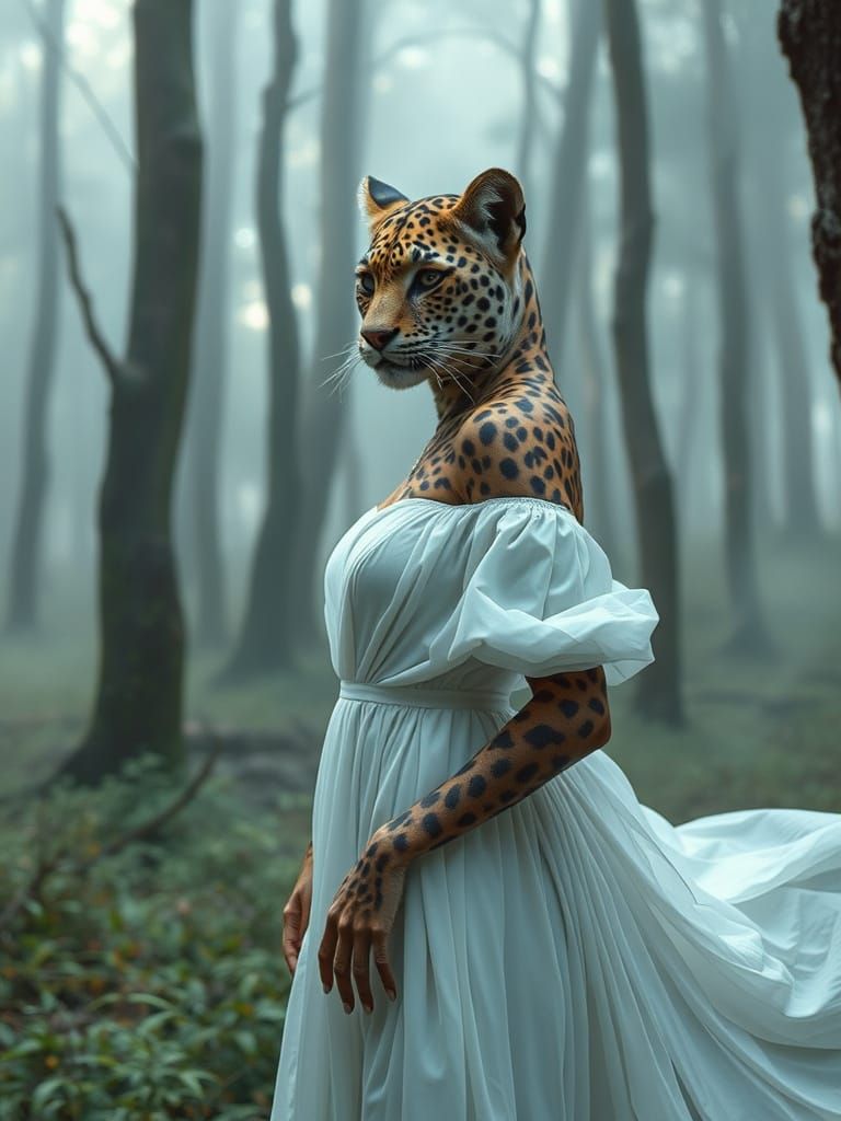 Leopard Woman in Misty Forest, Digital Art