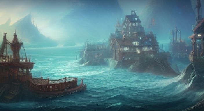 Fantastical Ocean Port Town in Detailed Matte Painting