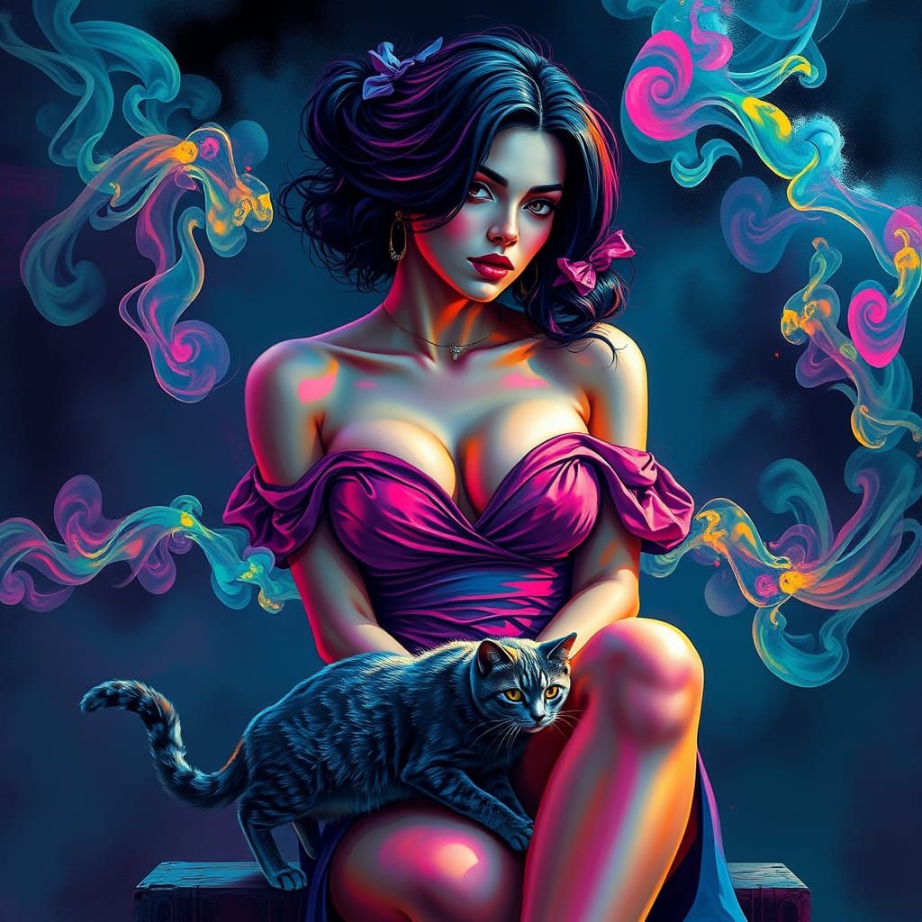 Enigmatic Woman in Neon Hues and Smoke, Surrounded by Whimsy