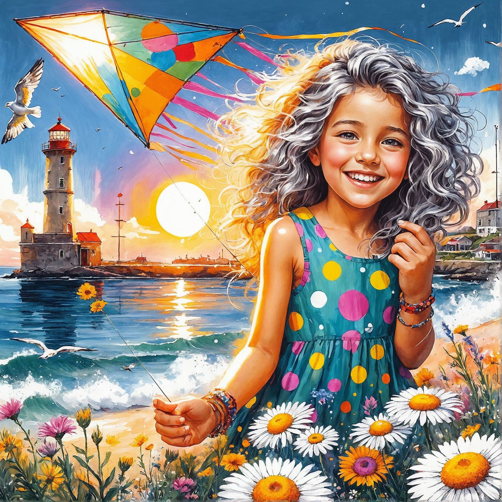 Girl with Kite: Vibrant Seaside Street Art