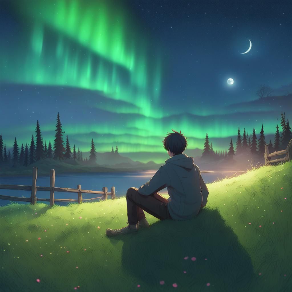 Anime Art: Man Watching Northern Lights