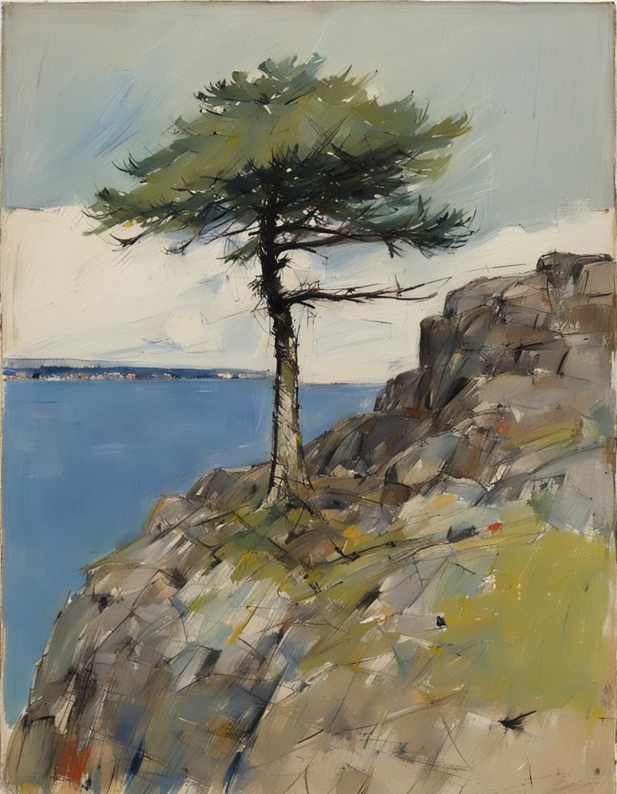 Lone Pine on Rocky Cliff in Eardley Style
