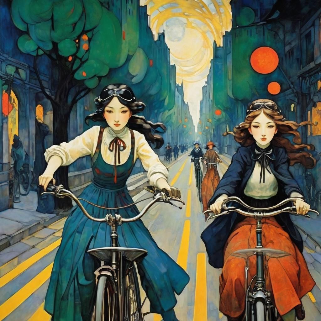Girls on Bikes in Abstract Oil Painting Style
