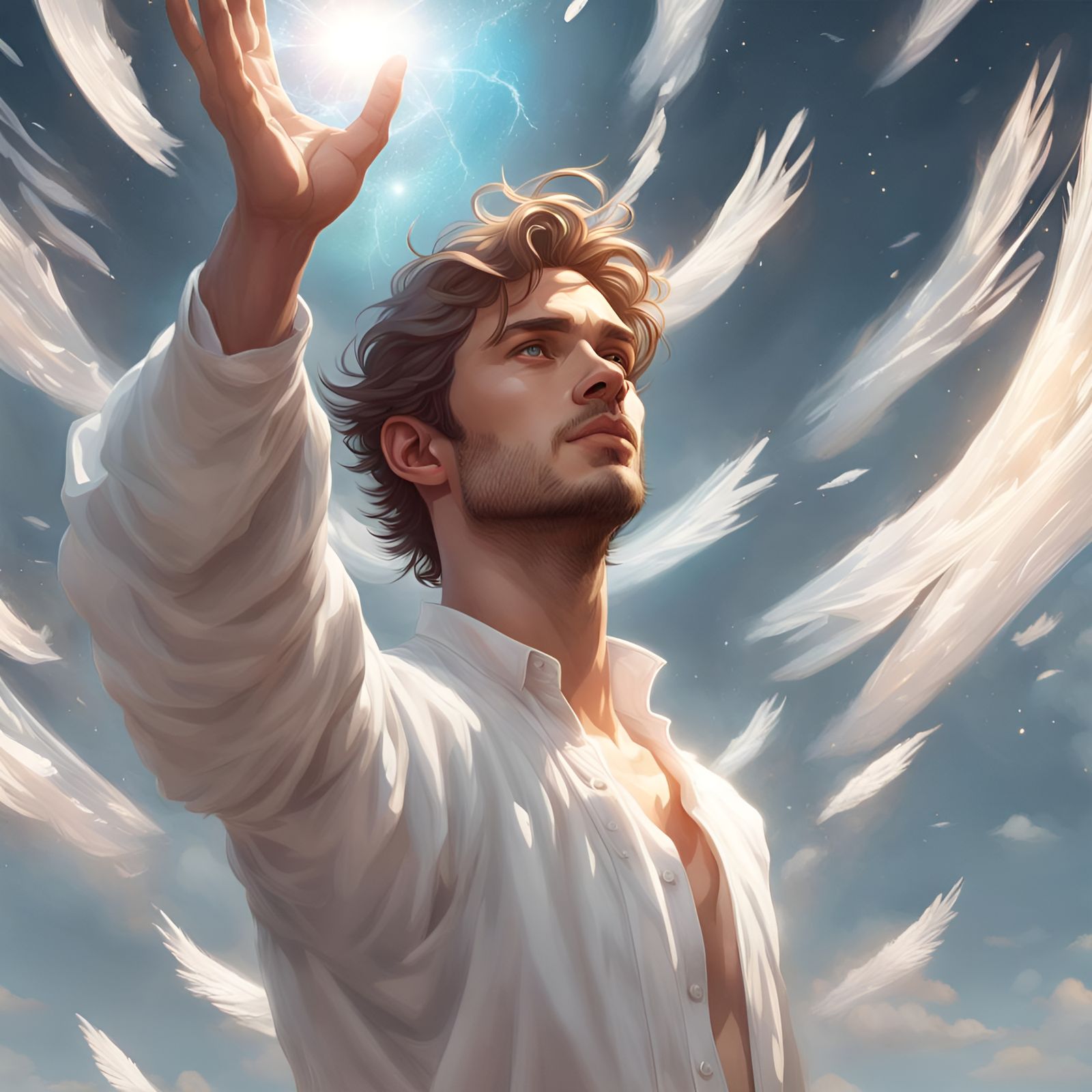 Luminous Man Giving Light: Hyperdetailed Portrait