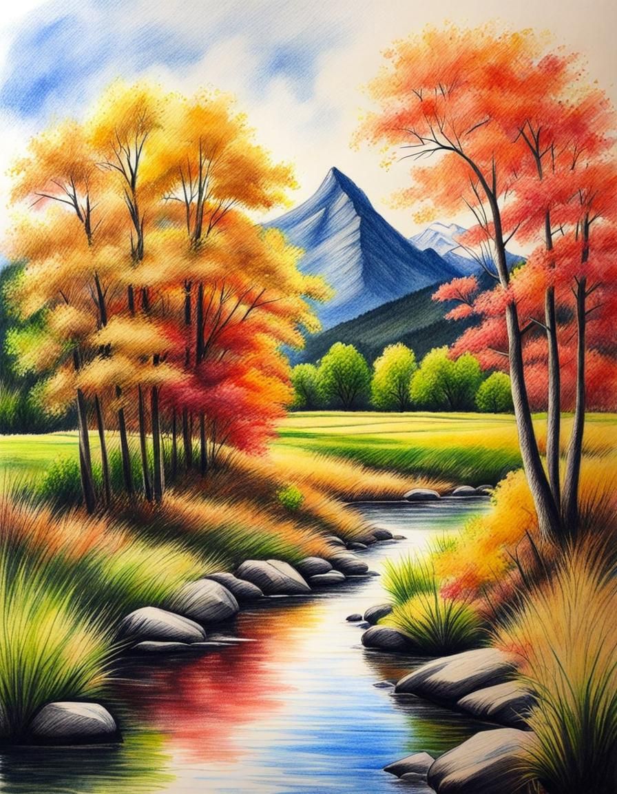 Colored Pencil Landscape Sketch on Paper