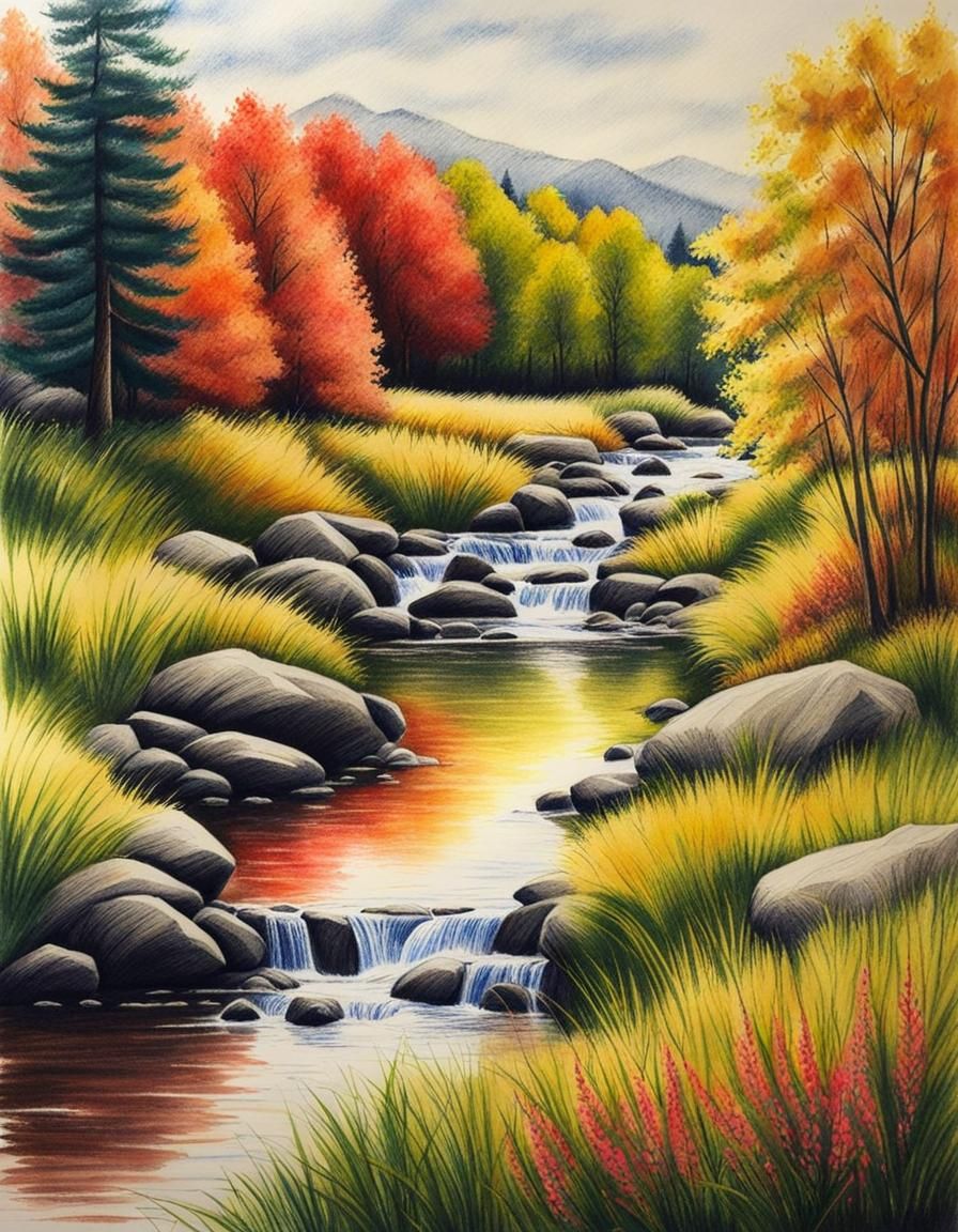 Colorful Landscape Sketch Using Colored Pencils