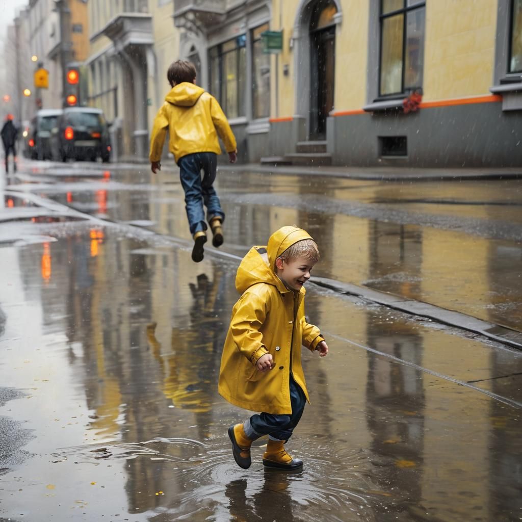 Little Boy Jumping in Puddles
