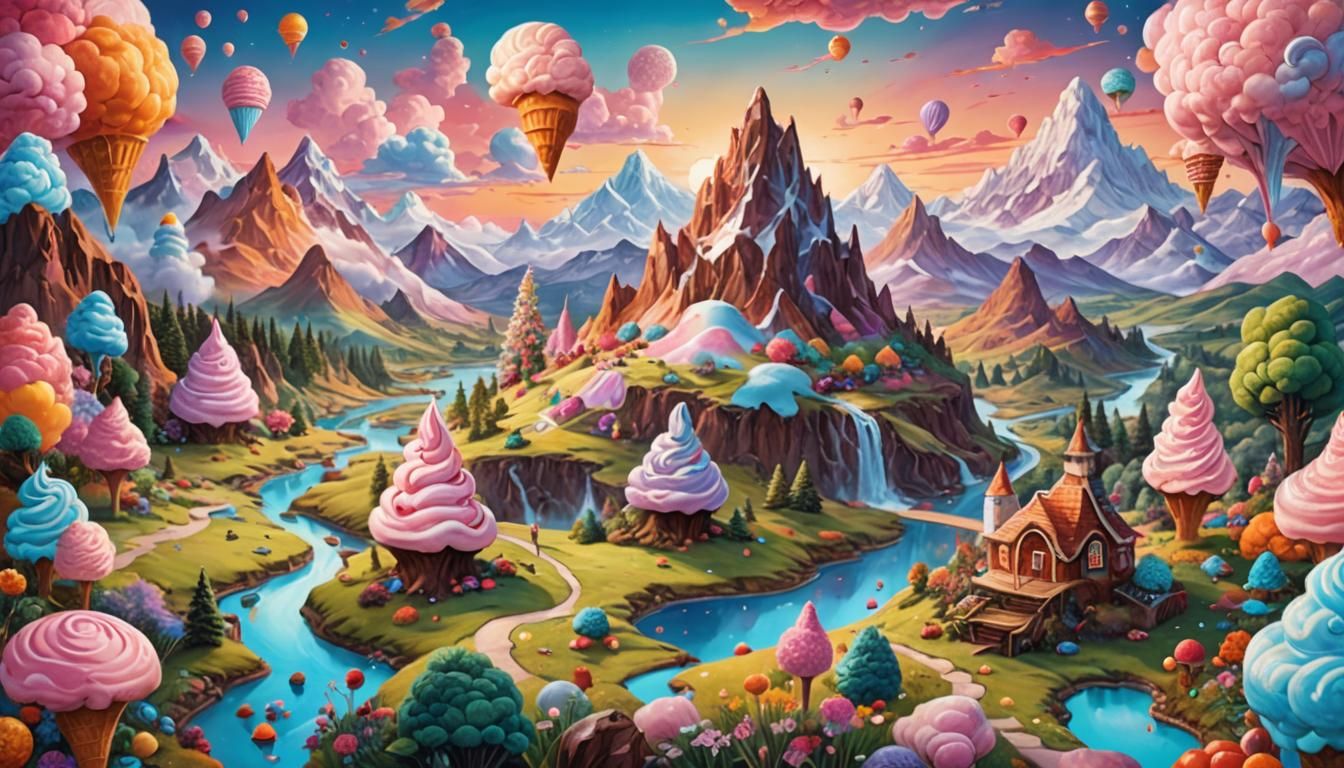 Edible Landscape with Ice Cream Mountains in Watercolor Styl...
