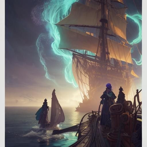 Squid-Hair Woman on Sunken Ship, Detailed Matte Painting