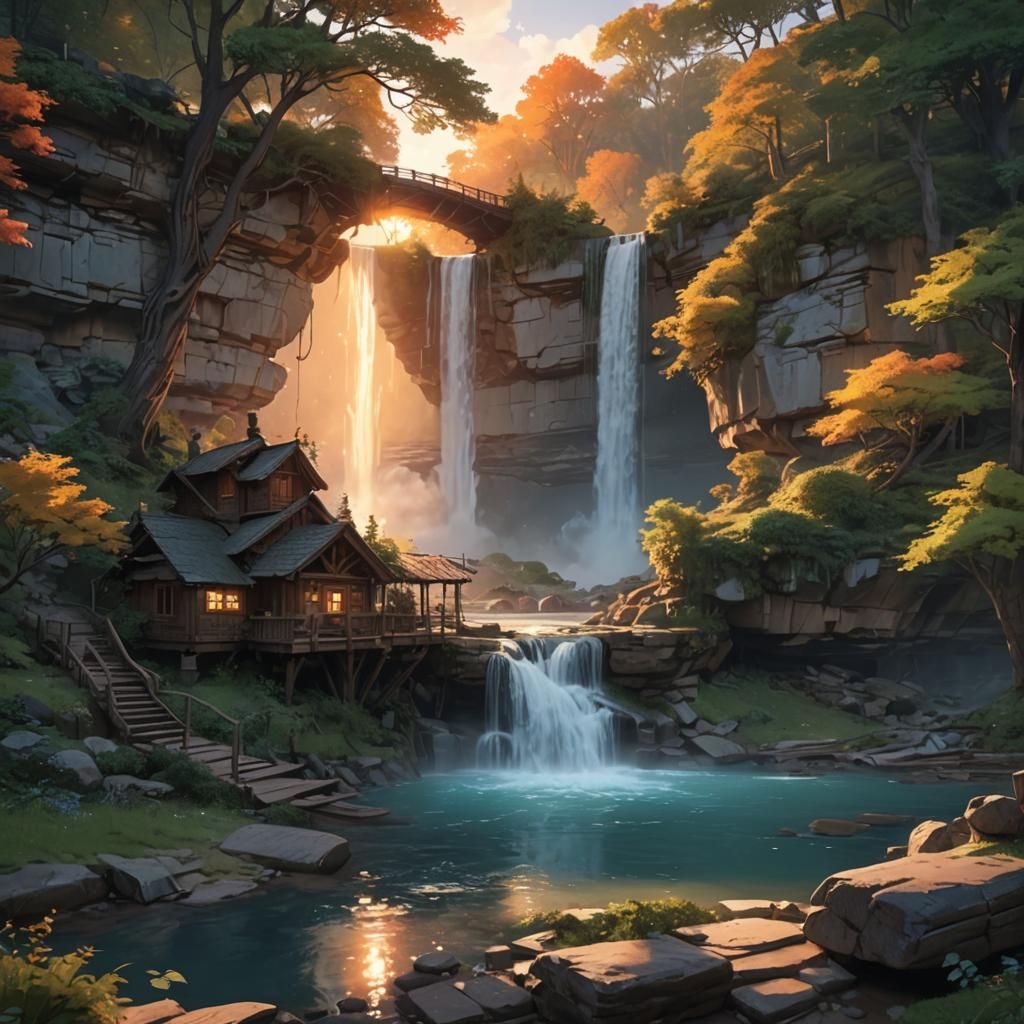 Minnehaha Falls Sunset Floating Cabin in 3D Anime Art