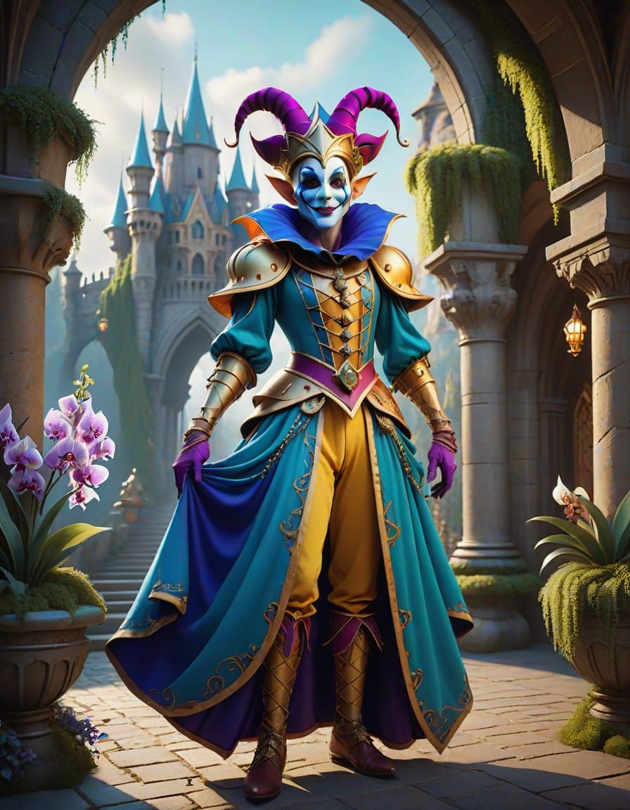 Whimsical Jester in Vibrant Castle Courtyard