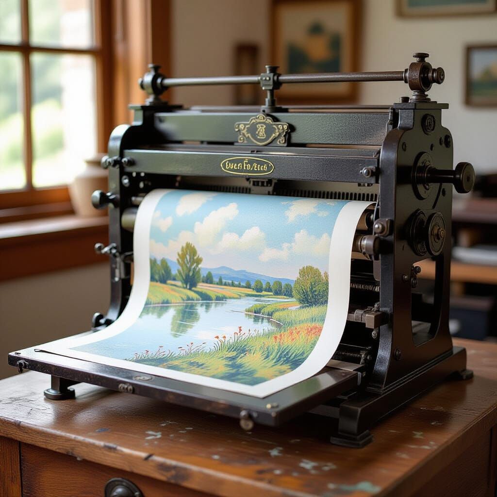 Vintage Printing Press with Serene Landscape Print
