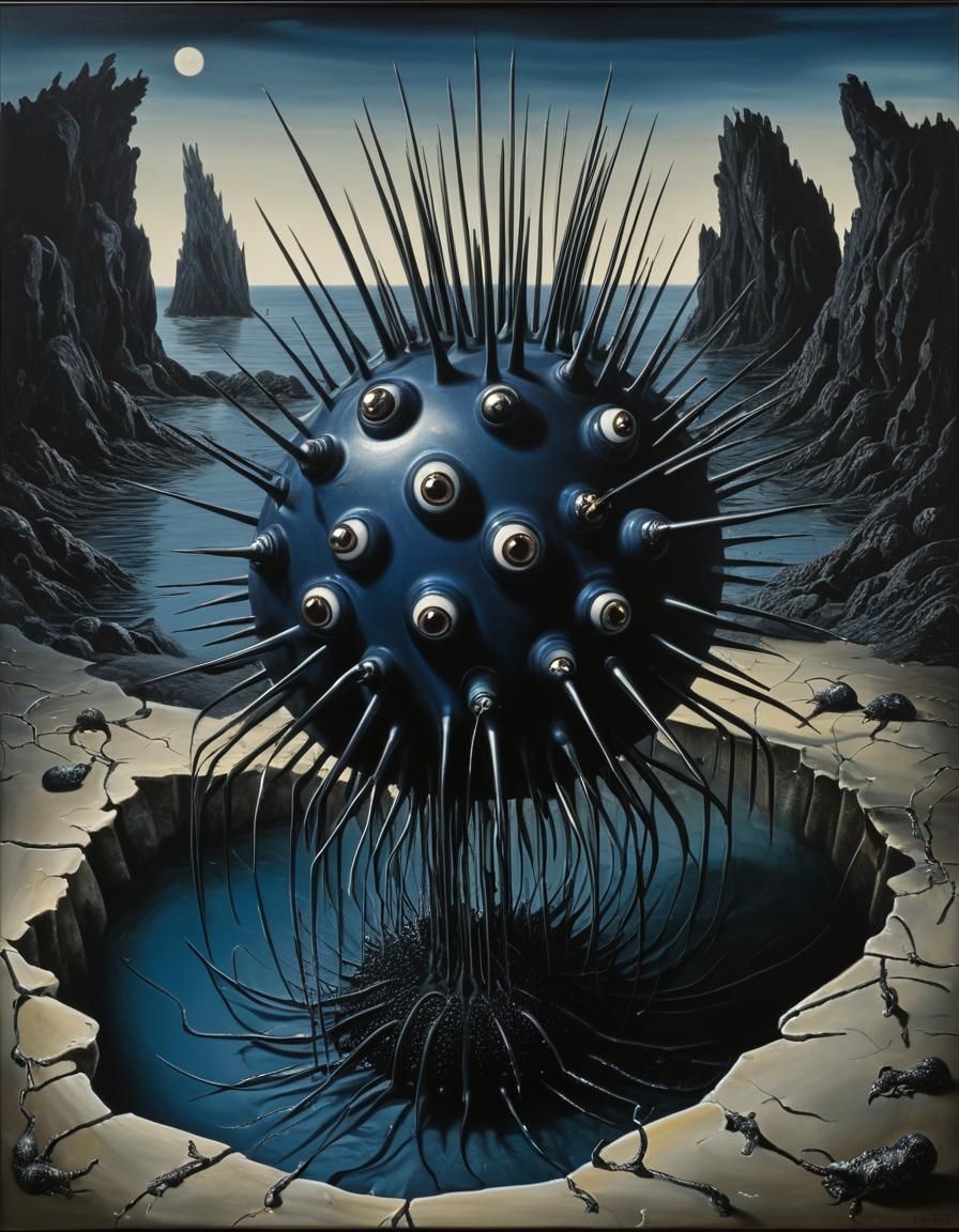 Chitinous Black Balls in Surrealist Oil Painting Style