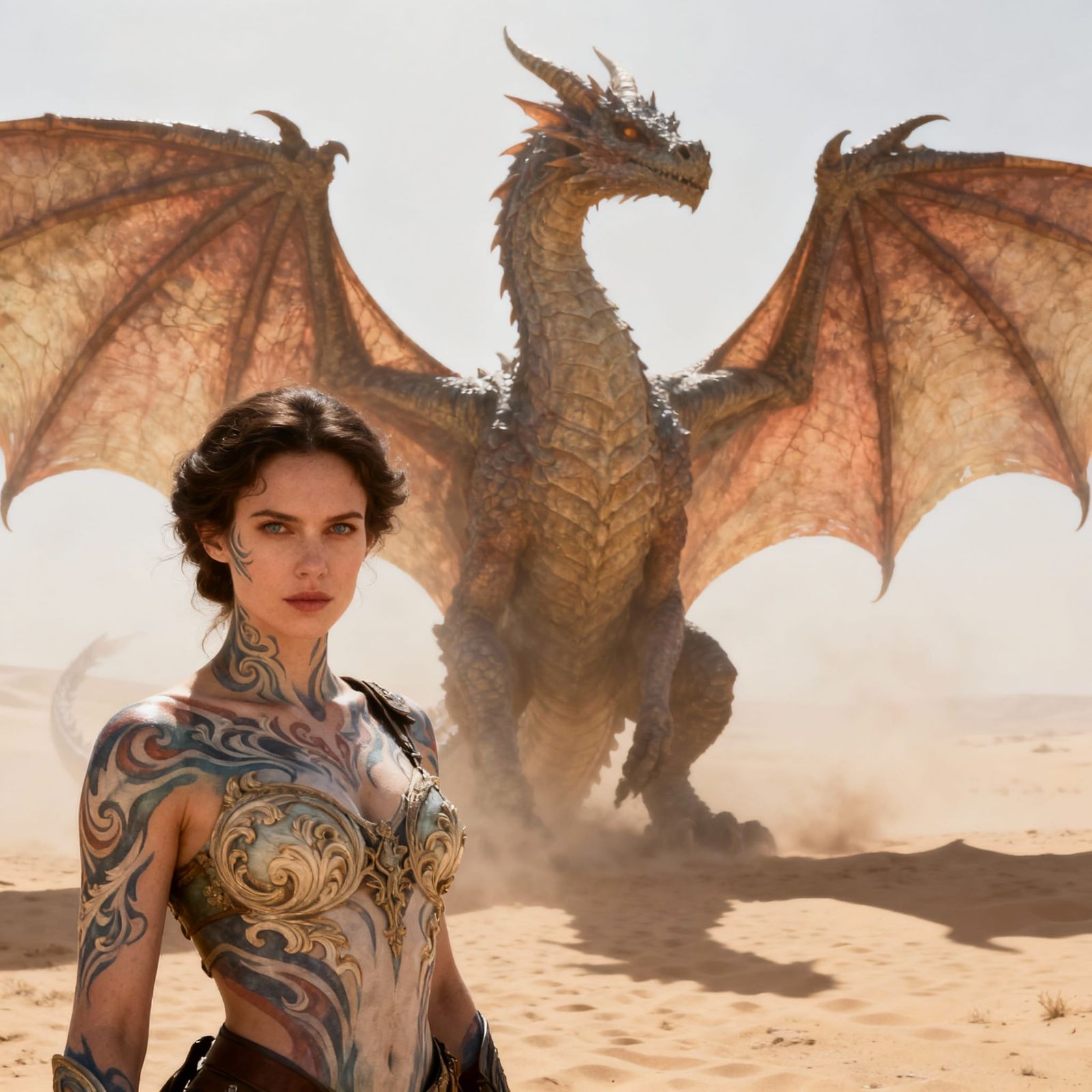 Woman with Dragon Body Paint in Desert Landscape