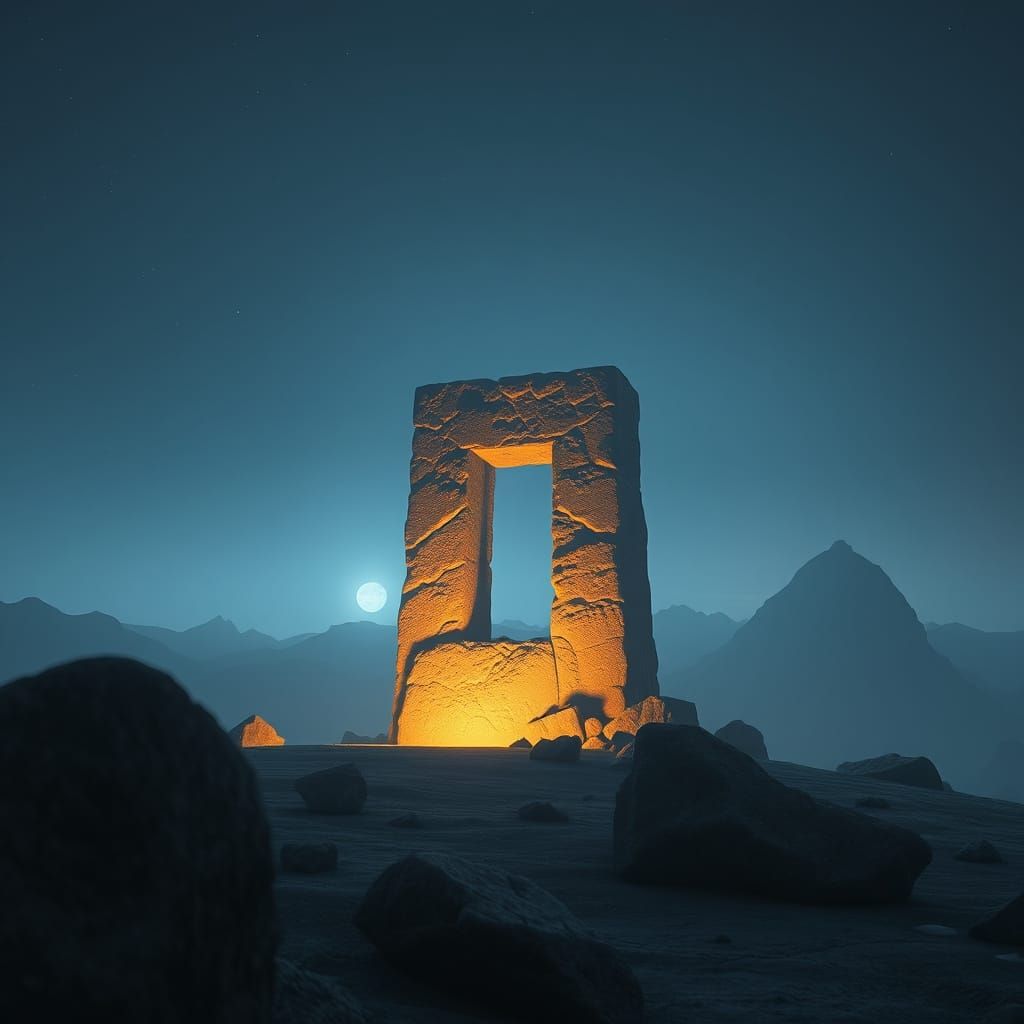 Glowing H Monolith on a Neon Moonlit Landscape