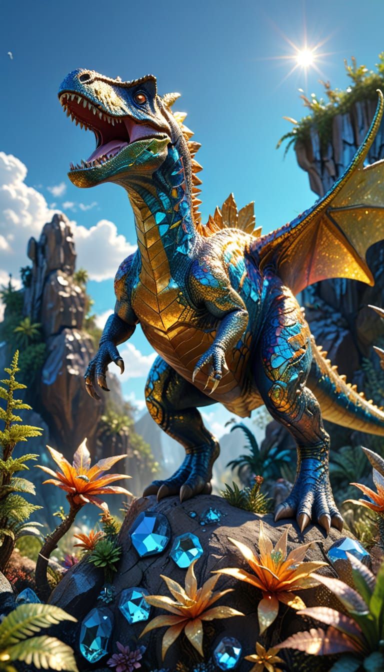 Dinosaur Forest with Crystal Formations in 3D