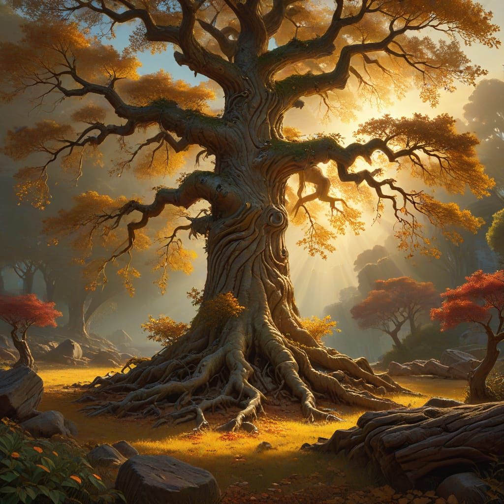 Wise Old Tree with Mystic Symbols in Digital Art