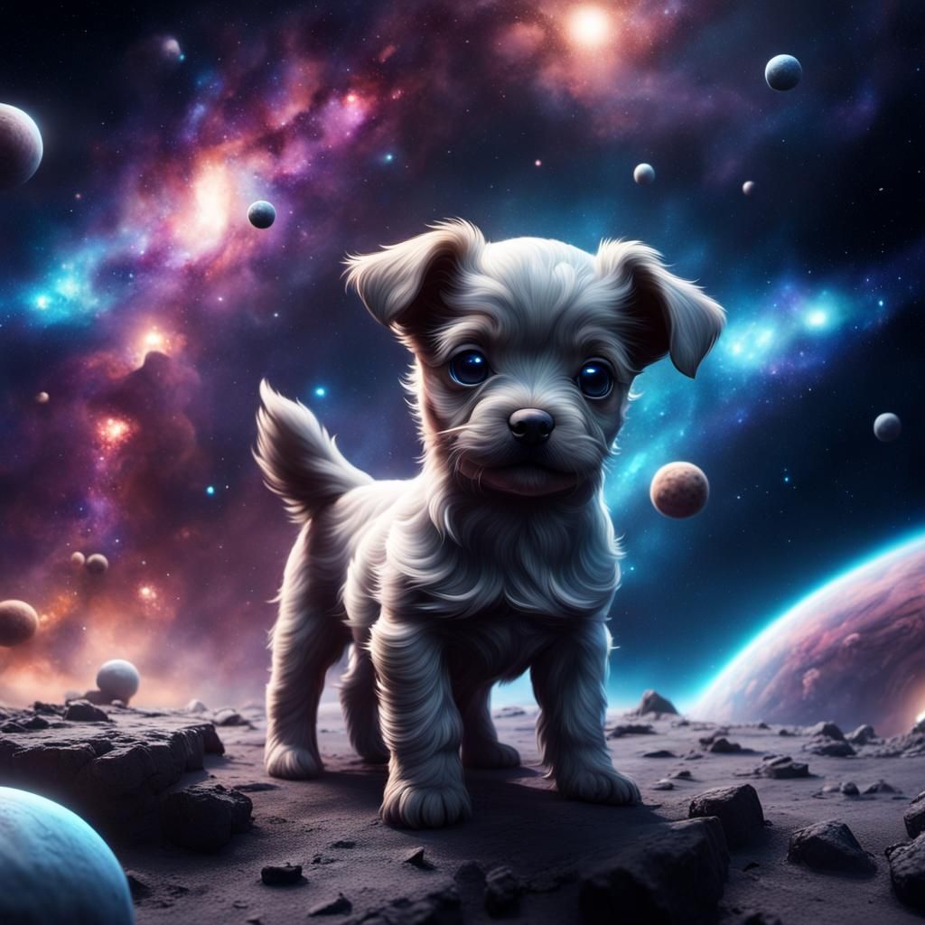 puppies made of galaxy playing in space cute, fun,